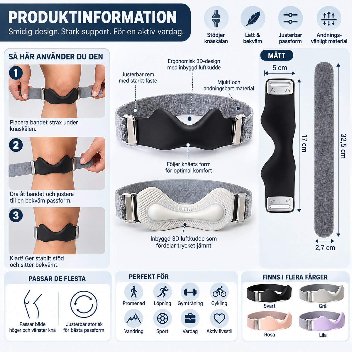 Justerbart Patellaband med 3D-stöd – Knästöd för Träning & Vardag